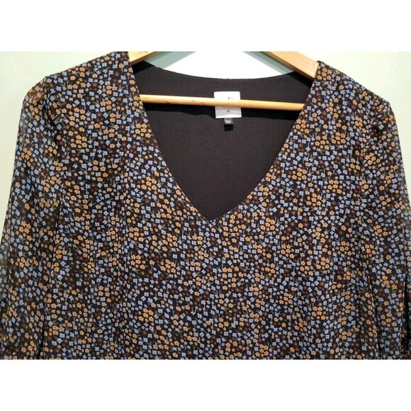 Cabi Blue Petite Floral Chiffon Sheer Bell Sleeve V Neck Dress Sz M Whimsigoth - Picture 3 of 5